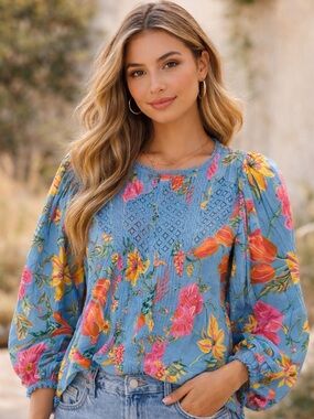 FARM Rio Blue Floral Crochet Yoke Blouse